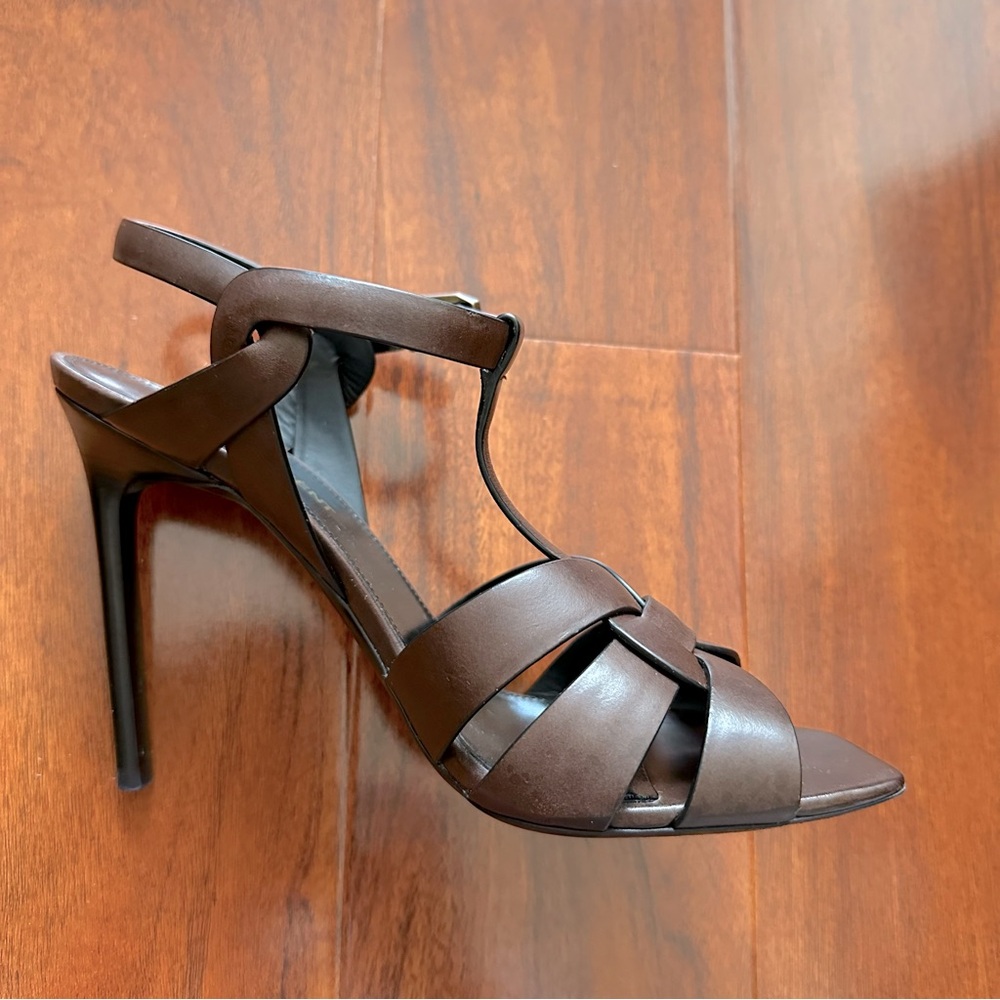 Saint Laurent Tribute Toffee Brown Woven Calf Leather High Heeled Sandals - Picture 13 of 15